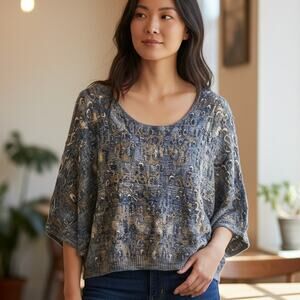 Alberto Makali 3D Sweater Womens XL Blue & Gold Dolman Sleeve Wool Blend Artsy